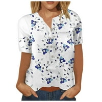 APEPAL ženska ljetna nabora za rubnu majicu s kratkim rukavima Summer V-izrez otisnuta casual top bijeli