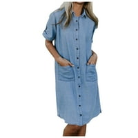 Ljetne haljine za žene kratki rukav A-linijski duljina koljena, labava obriva vrata od pune plaže, plava