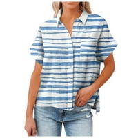 Ženski bluze Ženska casual modna pamučna posteljina tiskana ženska majica kratkih rukava Plava XXL