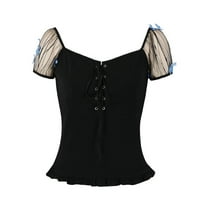 Žene čipke up bluza leptir čipke majice kratkih rukava Vintage vrhovi V izrez Tunic ruffle hem mashirts