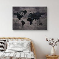 Idea4wall Canvas Wall Art Art Crna Svjetska atlas Mapa na tamno smeđim pločama za drvo Mješovito medija