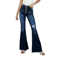 Ženske hlače Ležerne prilike Tamno plavi klasik Srednji struk mršavi džepovi traper flare pantalone