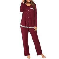 Bezolor Womens Pijamas setovi casual V izrez čipke dugih rukava i vučne hlače odijelo sa loungewear