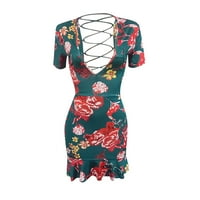 Ljetne haljine za žene s kratkim rukavima za tisak cvjetnog uzorka haljina u vratu ruffle midi leđa