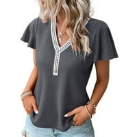 Ženske majice dame V-izrez čipka za šivanje gornje majice s kratkim rukavima Labavi čvrsti boje tamno