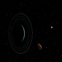 Uran i većina svojih devet glavnih prstenova zajedno s dalekim suncem i unutrašnjim satelitskim plakatom