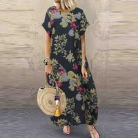Fonwoon Womens Haresses Casual Maxi haljina Ljeto V-izrez kratki rukav Saod Retro pamuk i platneni ispis