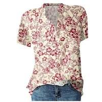 Cvjetna bluza s kratkim rukavima Ležerne ljetne V-izreze za žene ružičaste L