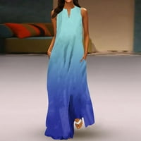 Sendress for Women Fashion V-izrez Tisak Klasična labava Fit bez rukava duga haljina za žene nebesko