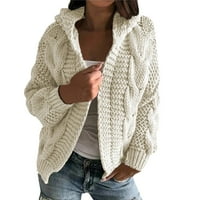 Strunđati ženska jesenska i zimska jakna s kapuljačom od pune boje pleteni kardigan džemper