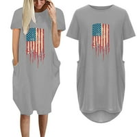 Ernkv Ženska haljina za koljenu sa džepom Zastava Američkoj zastavi Ispis kratkih rukava Ljeto Plaža