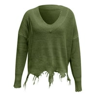Iopqo džemperi za žene Žene Ležerne prilike V vrat pulover HEM Fringe Solid Color Pletene džemper Ženske