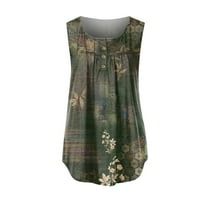 Hanas vrhovi ženski modni vintage cvjetni print okrugli vrat bez rukava majica, tanka tamno zelena xxxl