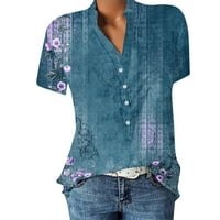Žene ljetne vrhove kratkih rukava grafički otisci Bluze casual ženske majice Henley plava 2xl
