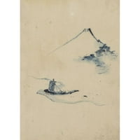 Katsushika Hokusai Crni moderni uokvireni muzej umjetnički print pod nazivom - osoba u malom brodu na