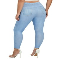 Dame izgleda Ispis Jeggings Plus Veličina lažnih traperica High Squik ispisane traper žene Yoga pantne hlače za pantalone za trčanje svijetlo plava 5xl