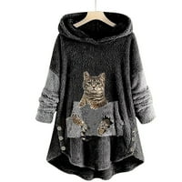 Žene Jesen Zima Fuzzy fleece jakna Slatka mačka ispisana grafika Potpuno zip up kardigan kaputi sa džepovima