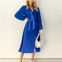 Flowy Haljine za žensku košulju Dress V-izrez s dugim rukavima Solid Blue XL