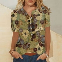 ŽENSKI BLOUSES BLOUSE ženski plus kratki rukav labav grafički otisci Summer Henley majice vrhovi smeđe s