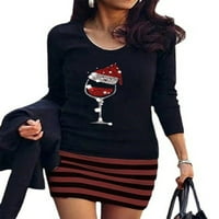 Grianlook Ženske kratke mini haljine Crew Crt majica Dugi rukavi Dame Patchwork Loodbeni božićni vino