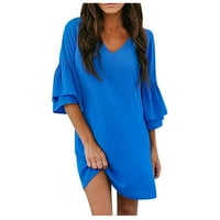 Žene Mini kratki rukav modni mini solid ljetni V-izrez Dress Blue XL