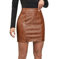 Ženske suknje od pune boje PU kožna torba Čvrsta boja visoki struk patentni zatvarač split suknja
