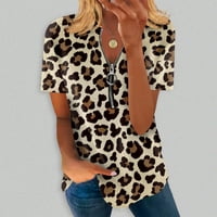 Ženska modna bluza kratki rukav majice Leopard vrhovi zipper V izrez Tunika Leisure Thirts Summer Casual Tees Khaki XXL