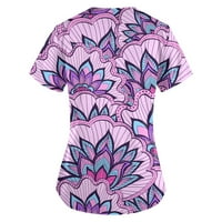 Bluze za žene Fit Fit ženski slatki tiskani kratki rukav V izrez Top radna džepa Košulja Košulja Dame Top Purple XL