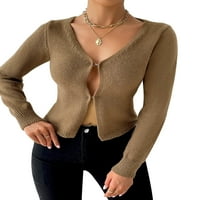 Liacowi žene obrezane kardigan dugi rukav V izrez čvrste boje džemper