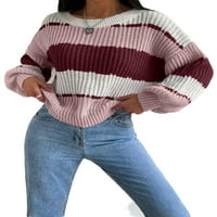 Ležerni prugasti puloveri za okrugli vrat dugih rukava s više rukava žena