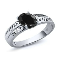 Gem Stone King 1. CT ovalni crni safirni sterling srebrni prsten