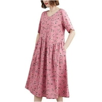 Haljina s kratkim rukavima za žene cvjetna haljina Ljeto Loose Pamuk posteljina Print Okrugli vrat Kratki