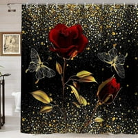 Zavjesa za tuširanje, crvena ruža Zlatni leptir među zlatnim tušem za tuširanje za kupatilo za kupatilo
