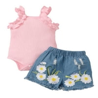 SprifAllBaby Girls Hlače odijelo pletenje rumper prsluk + traper cvjetne kratke hlače za ljetnu casual