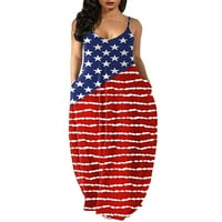 Glookwis Women V izrez Sundress Lood duga haljina swing boho haljina Američka zastava Print bez rukava