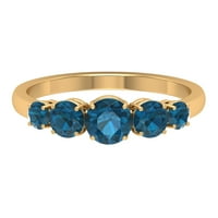 1. CT Okrugli rez london Blue Topaz diplomski prsten za žene, elegantan London Blue Topaz pet kamenog zlatnog prstena, 14k žuto zlato, US 9.00