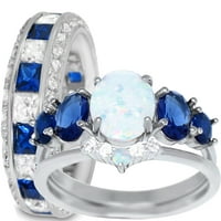 Njegov i njen vjenčani set trio opal plavi safir CZ srebrni prstenovi za muškarce žene 8 11