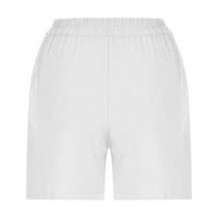Žene casual širokih lanene kratke hlače na plaži Summer Vezerani salon Elastični džepovi struka Plus