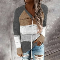 Youmylove ženske ležerne patchwork V-izrez dugih rukava sa zatvaračem džemper za bluzu na vrhu casual
