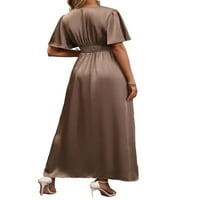 Ženska elegantna ravnica duboka v vrat Linijska haljina za lakicu Khaki XL