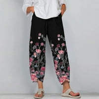 Ležerne pantalone za žene labave fit s džepovima Visoki struk Ispis ljetne pamučne duge ravne pantalone