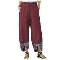 Pamučne posteljine obrezane hlače za žene ispis elastičnih struka široke noge Casus casual bager-salonske pantalone sa džepovima