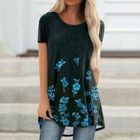 Ženski ljetni vrhovi cvjetni okrugli vrat kratkih rukava labave majice plava 3xl