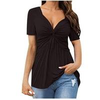 USMIXI ženski vrhovi modni prednji zavojni košulje na pločice na pločice Ljeto slatko čvrsti V-izrez