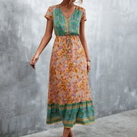 Sendresses za žene Ležerne ljetne ženske boemske maxi haljine kratki rukav V Vrat dugmeta u obliku cvjetnog