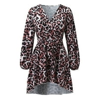 Ženska modna casual leopard V-izrez Lacing Neregularna haljina s dugim rukavima Elegance Plus Veličina