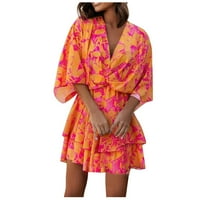 Ženska mini rukava Moda A-line ispisana ljetna haljina V-izrez vruće ružičaste 2xl