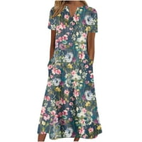 Ljetne haljine za žene kratki rukav V izrez cvjetni print boho dugi haljina casual t majica sa džepovima
