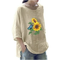 Vrhovi rukava za žene Crewneck tiskane pamučne majice posteljinu Casual baggy lagan ljetni pad bluze pulover