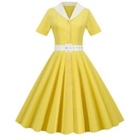 Gotyou modne haljine Ženska solidna boja retro kratkih rukava s kratkim rukavima haljina za zabavu žuta